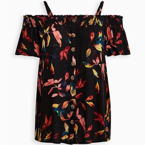 Torrid Smocked Cold-Shoulder Blouse Black Leaf Print - size 2X (18/20) - Picture 3 of 11
